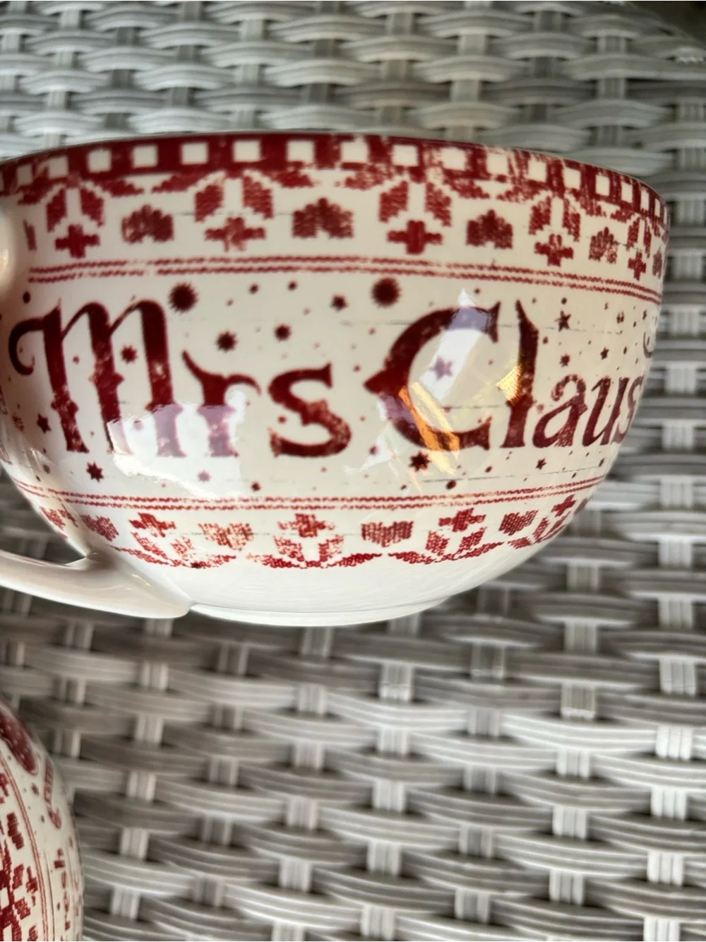 Pier 1 vintage Red and White 'Mrs. Claus' Holiday Ceramic Mugs set of 2
